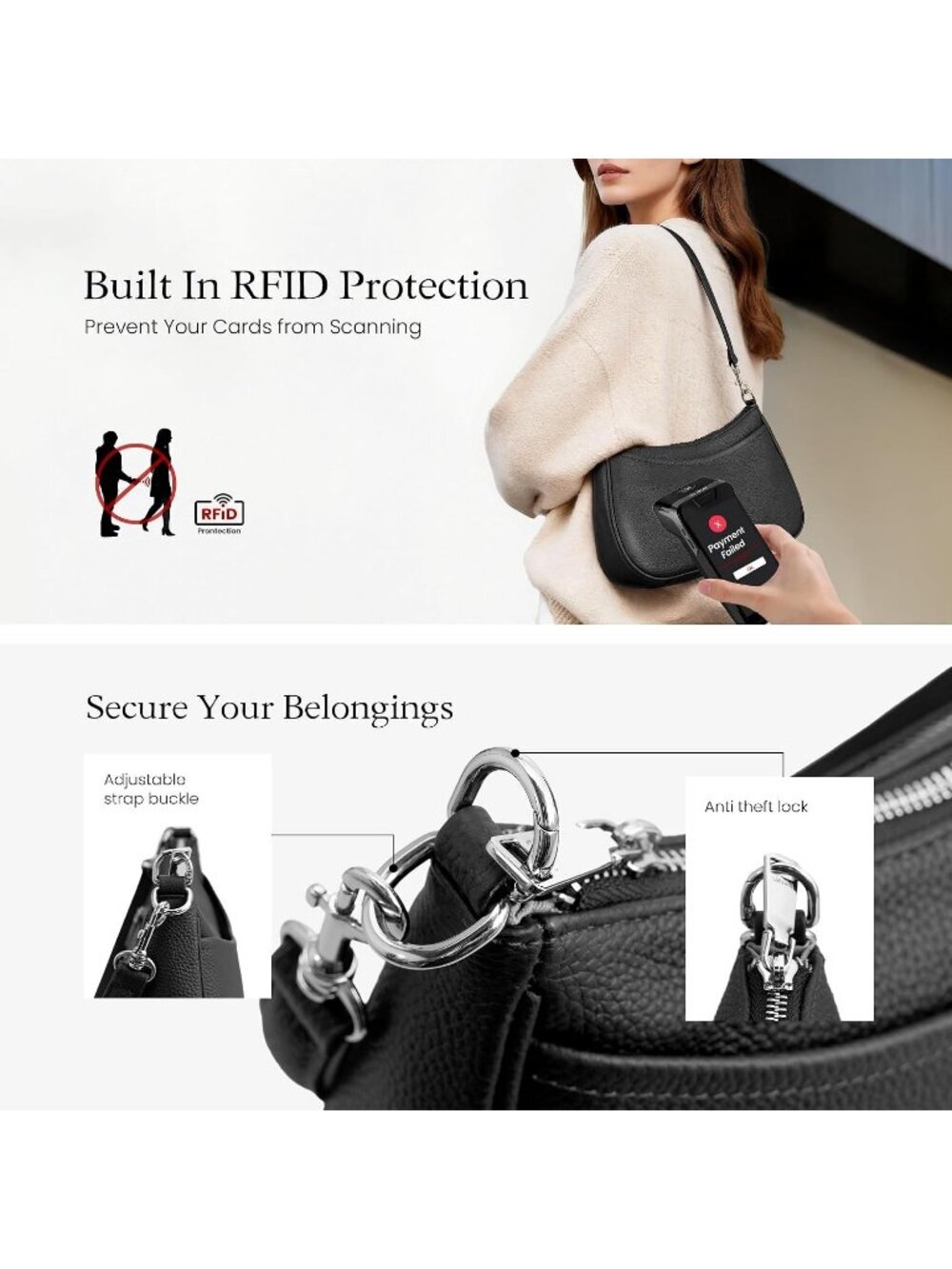 Women's Black Genuine Leather Fashion Anti Theft Trendy Purse with RFID Handbag - Picture 2 of 6